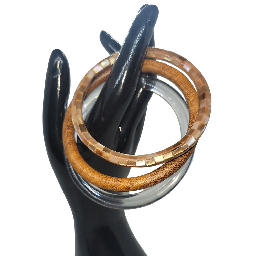 Bangle Bracelet Set Wood Abalone Shell Inlay Clear Resin Boho Retro VTG SKUJ129